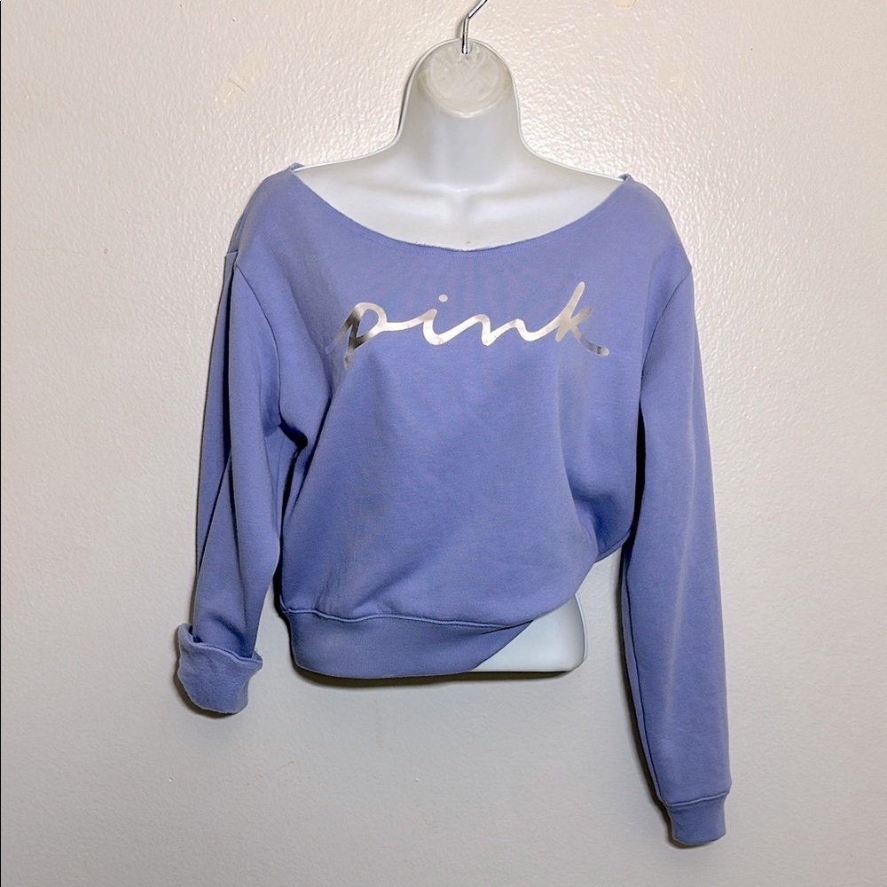 Victoria’s Secret PINK Purple Logo Sweatshirt XS Silver Graphic Pullover